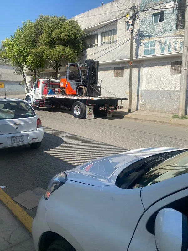 Montacargas asegurado sobre plataforma de transporte