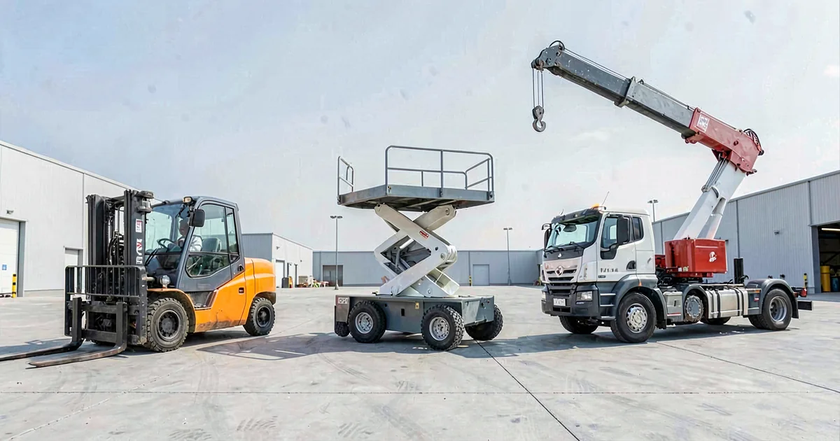 Flota de montacargas, plataforma elevadora de tijera y grúa móvil, separadas en un patio industrial