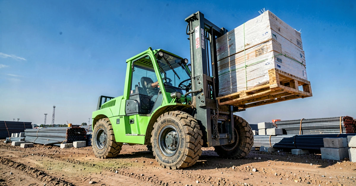 Montacargas industrial de alta capacidad en obra de construcción con materiales de carga