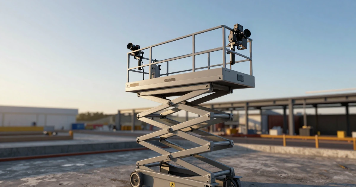 Plataforma elevadora de tijera hidráulica en una obra industrial con vigas de acero y cielo despejado bajo luz solar